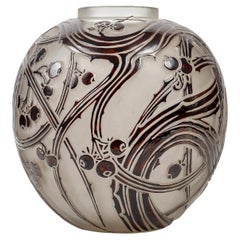 1924 Rene Lalique Vase Baies Frosted Glass with Brown Enamel