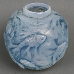 1924 Rene Lalique Vase Formose Cased Opalescent Glass with Blue Patina