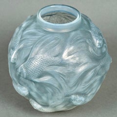 1924 Rene Lalique Vase Formose Cased Opalescent Glass with Blue Patina