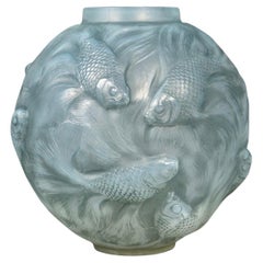 1924 Rene Lalique Vase Formose Cased Opalescent Glass with Blue Patina
