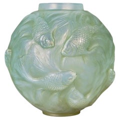 1924 Rene Lalique Vase Formose Cased Opalescent Glass with Light Green Patina