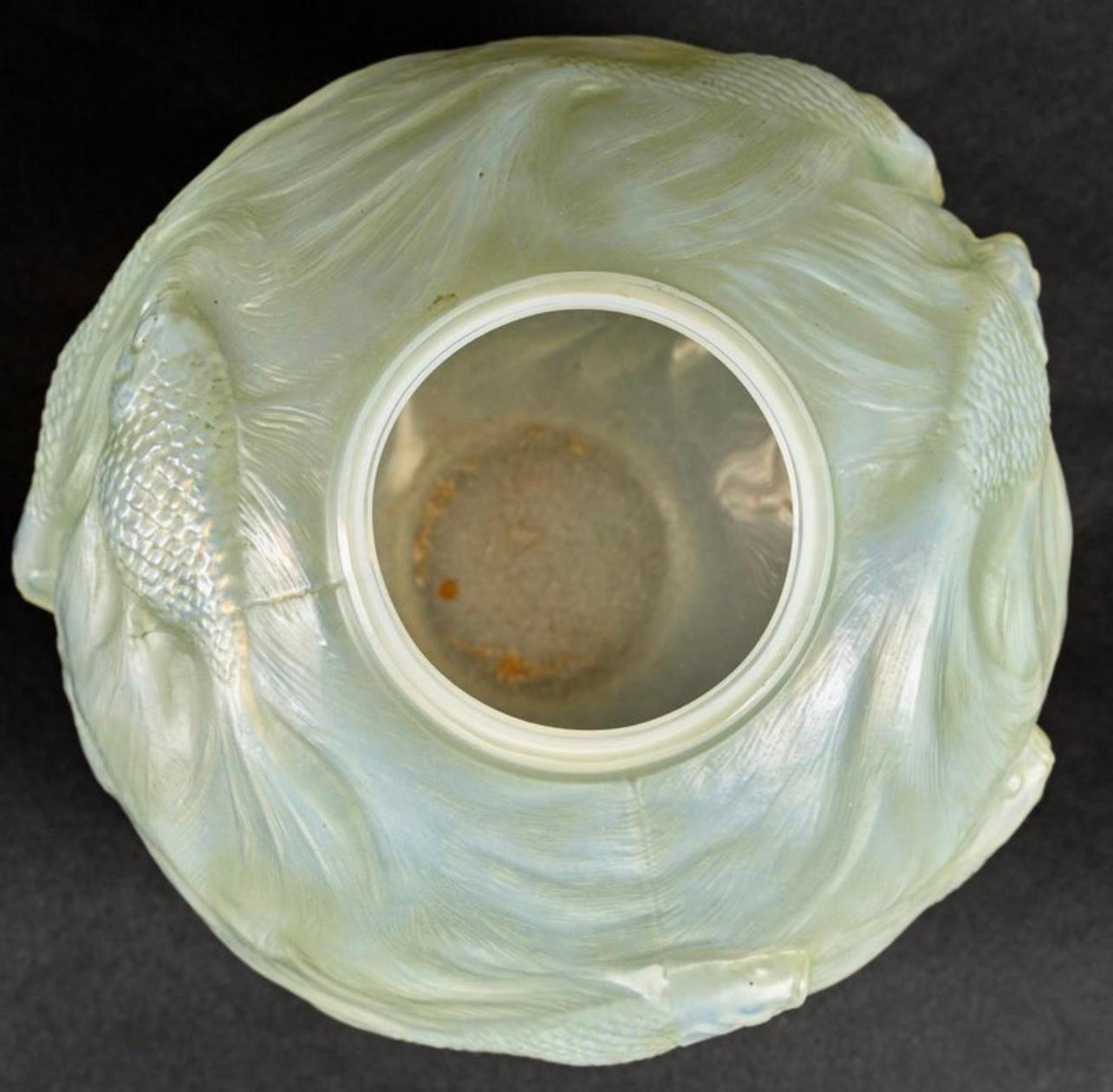 French 1924 Rene Lalique Vase Formose Cased Opalescent Glass with Lime Green Patina
