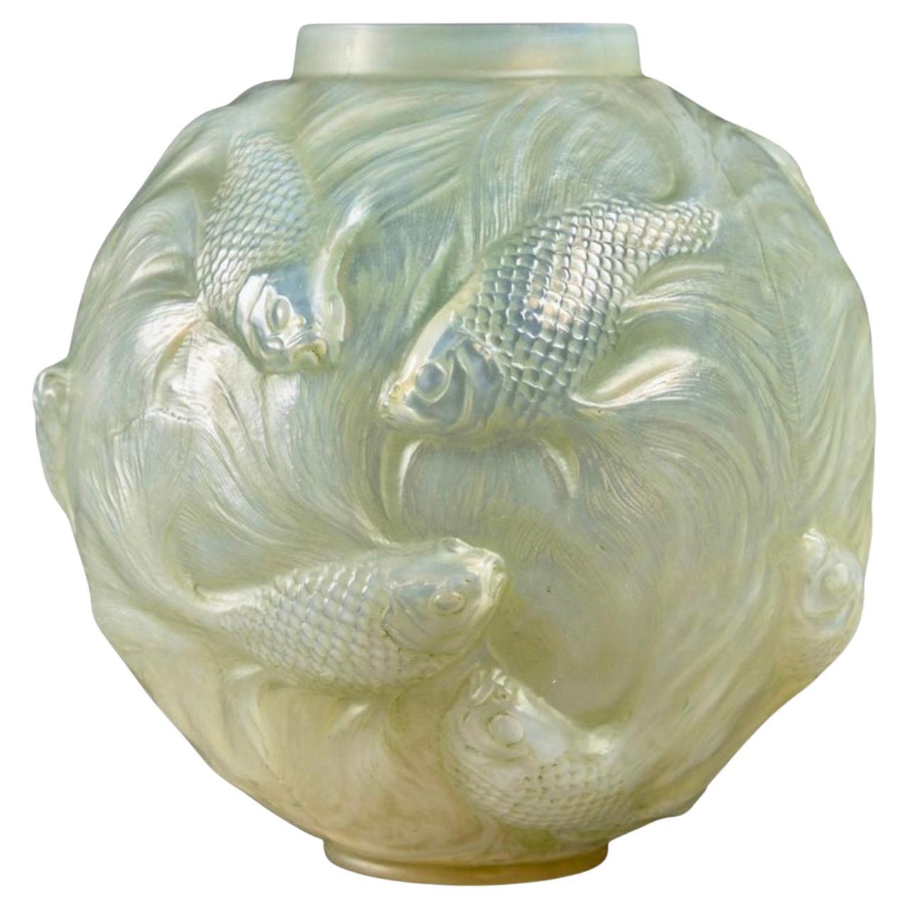 1924 Rene Lalique Vase Formose Cased Opalescent Glass with Lime Green Patina