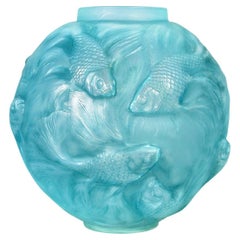 Antique 1924 Rene Lalique Vase Formose Cased Opalescent Glass with Turquoise Blue Patina