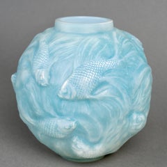 1924 Rene Lalique Vase Formose Fishes Cased Opalescent Glass with Blue Patina
