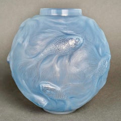 1924 Rene Lalique Vase Formose Fishes Cased Opalescent Glass with Blue Patina