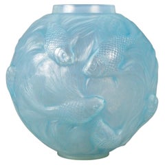 1924 Rene Lalique Vase Formose Fishes Cased Opalescent Glass with Blue Patina