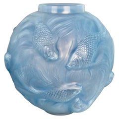 1924 Rene Lalique Vase Formose Fishes Cased Opalescent Glass with Blue Patina