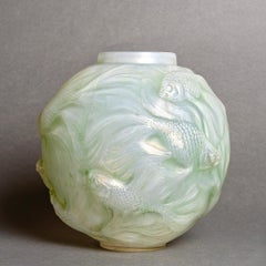 1924 Rene Lalique Vase Formose Fishes Cased Opalescent Glass with Green Patina