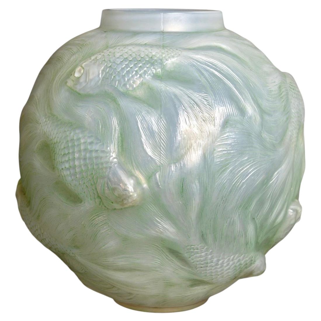 1924 Rene Lalique Vase Formose Fishes Cased Opalescent Glass with Green Patina