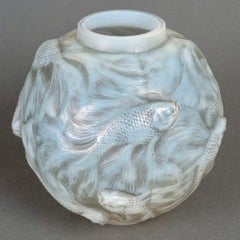 1924 Rene Lalique Vase Formose Fishes Cased Opalescent Glass with Grey Patina