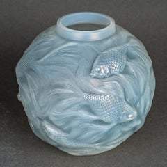 1924 Rene Lalique Vase Formose Fishes Opalescent Glass with Blue Patina