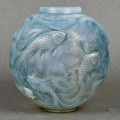 1924 Rene Lalique Vase Formose Fishes Opalescent Glass with Blue Patina