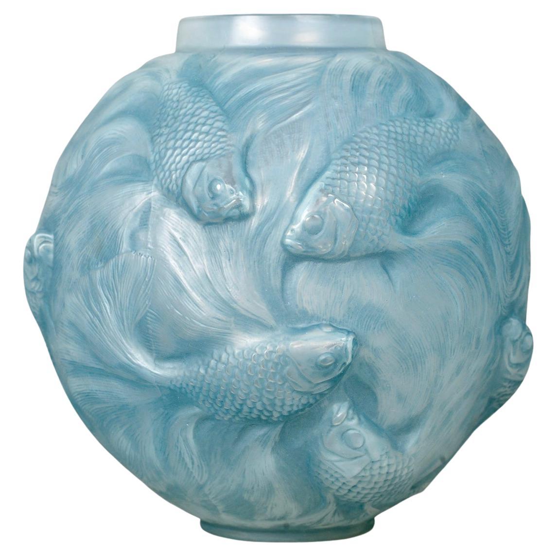 1924 Rene Lalique Vase Formose Fishes Opalescent Glass with Blue Patina