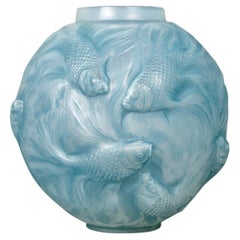 1924 Rene Lalique Vase Formose Fishes Opalescent Glass with Blue Patina