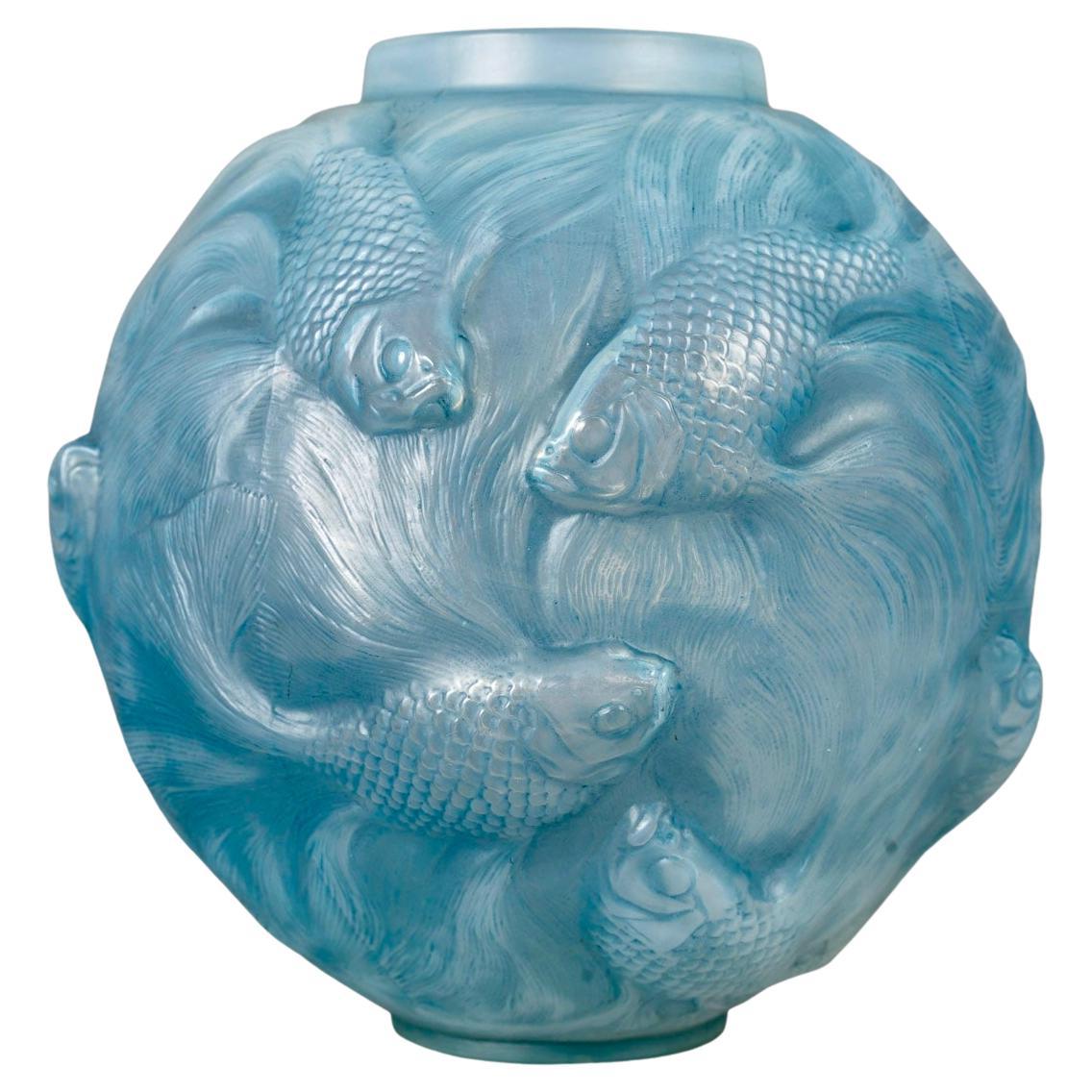 1924 Rene Lalique Vase Formose Fishes Opalescent Glass with Blue Patina