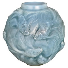 Antique 1924 Rene Lalique Vase Formose Fishes Opalescent Glass with Blue Patina