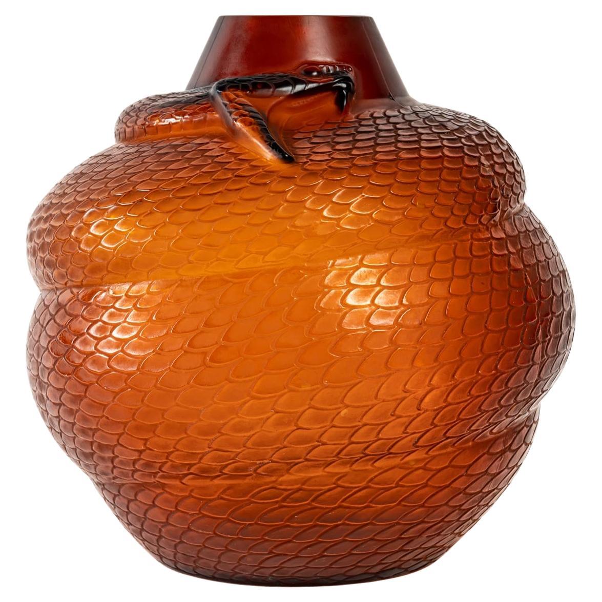 1924 René Lalique, Vase Serpent in Orange Amber Glass, Snake