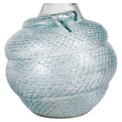 Antique 1924 René Lalique - Vase Serpent Snake Glass with Blue Patina