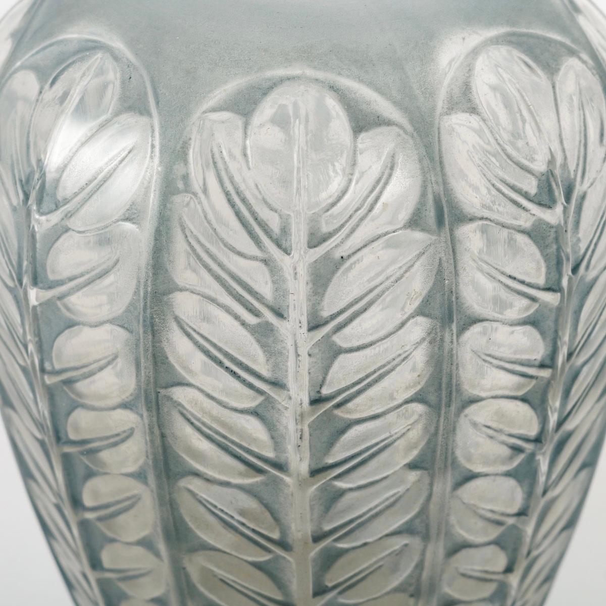 French 1924 René Lalique Vase Tournai Clear and Frosted Glass with Blue Grey Patina