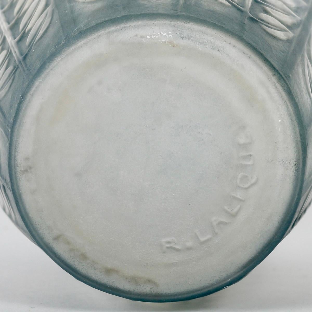 Molded 1924 René Lalique Vase Tournai Clear and Frosted Glass with Blue Grey Patina