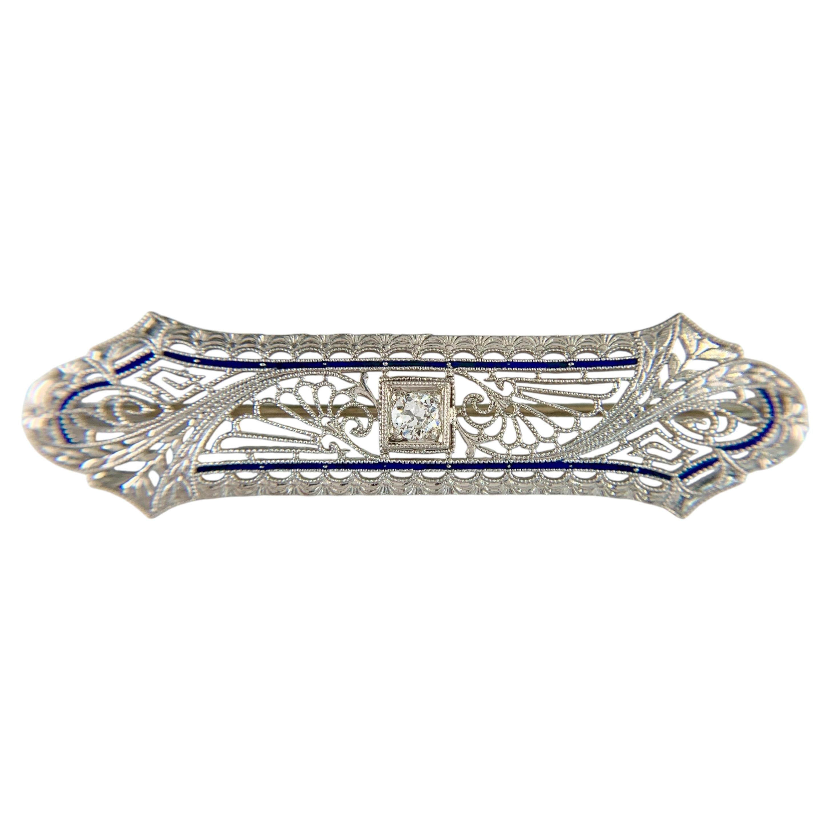 1925 Antique Art Deco Filigree Old European Cut Diamond Brooch 14k White Gold