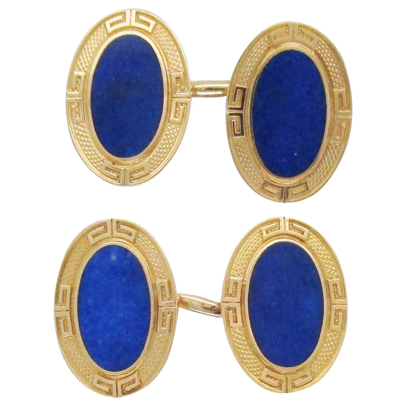 1925 Art Deco 14 Karat Yellow Gold Lapis Cufflinks by Grogan & Co.