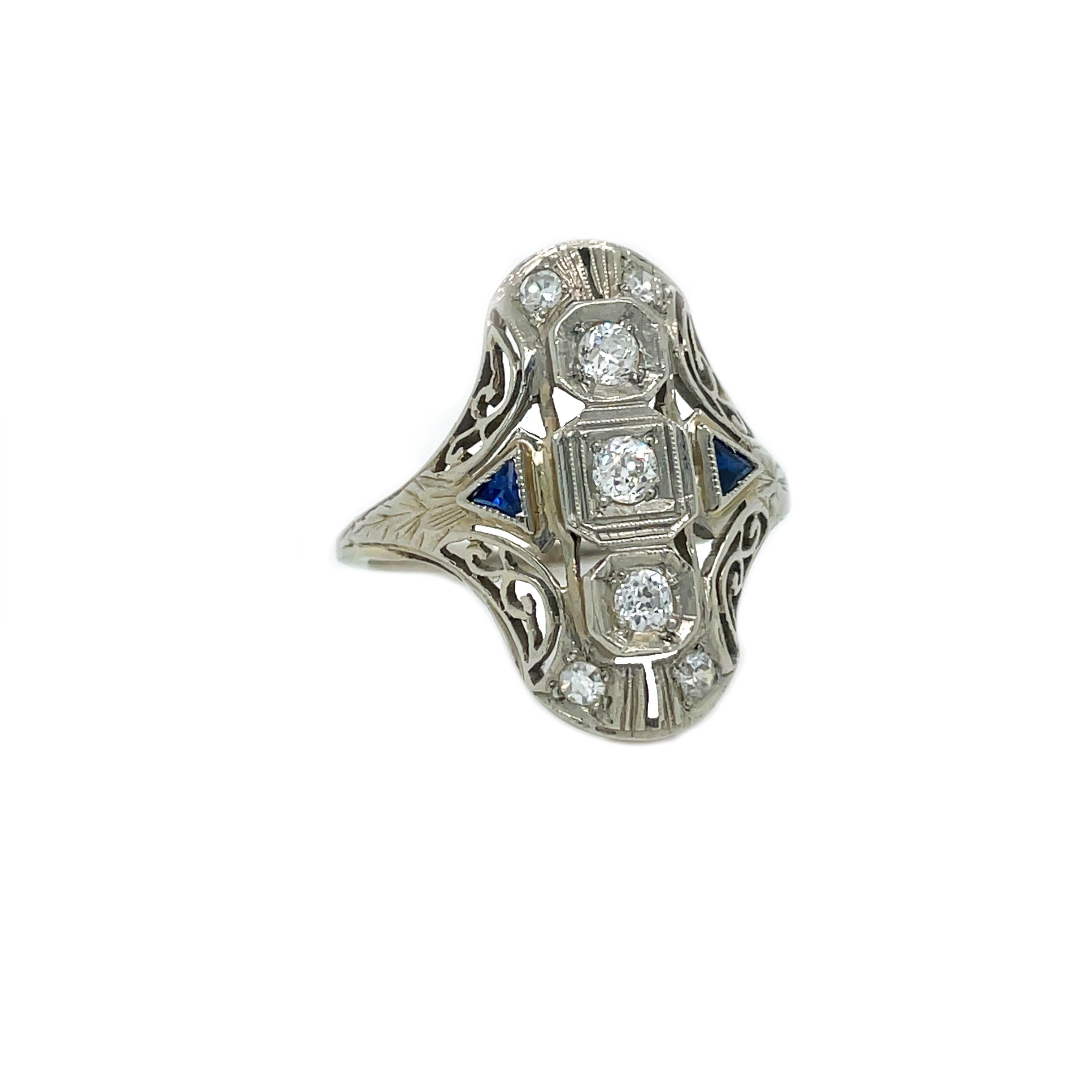 Round Cut 1925 Art Deco 14K Filigree Diamond and Sapphire Ring For Sale