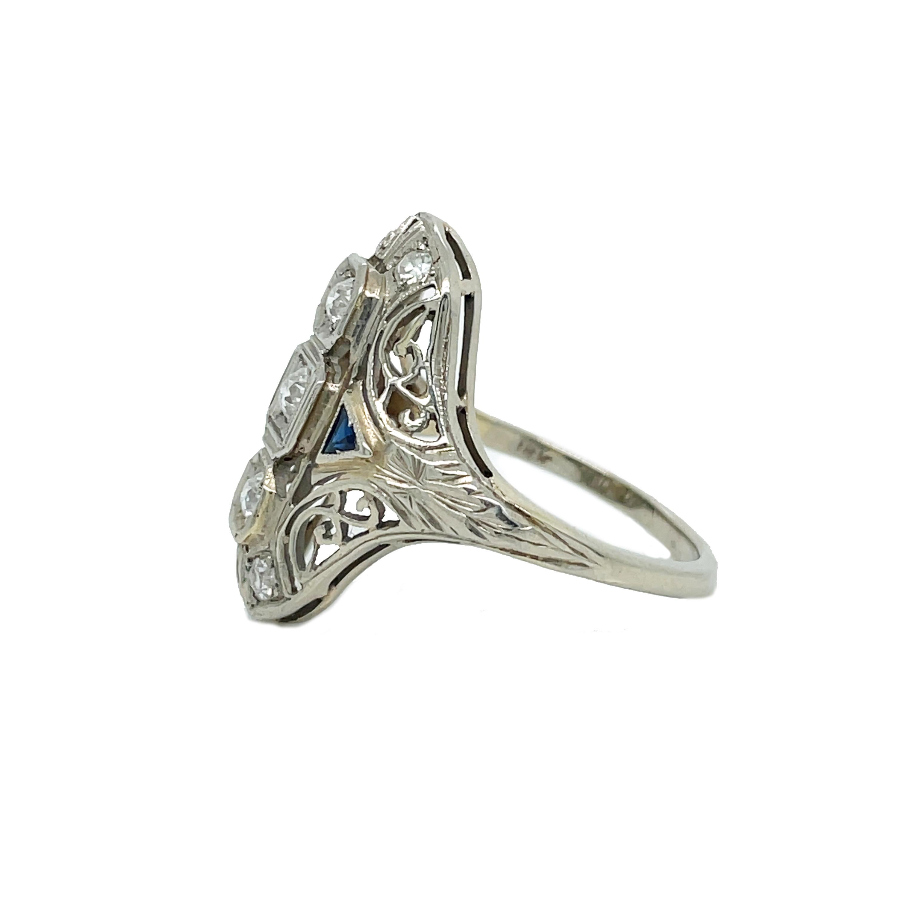Women's 1925 Art Deco 14K Filigree Diamond and Sapphire Ring For Sale