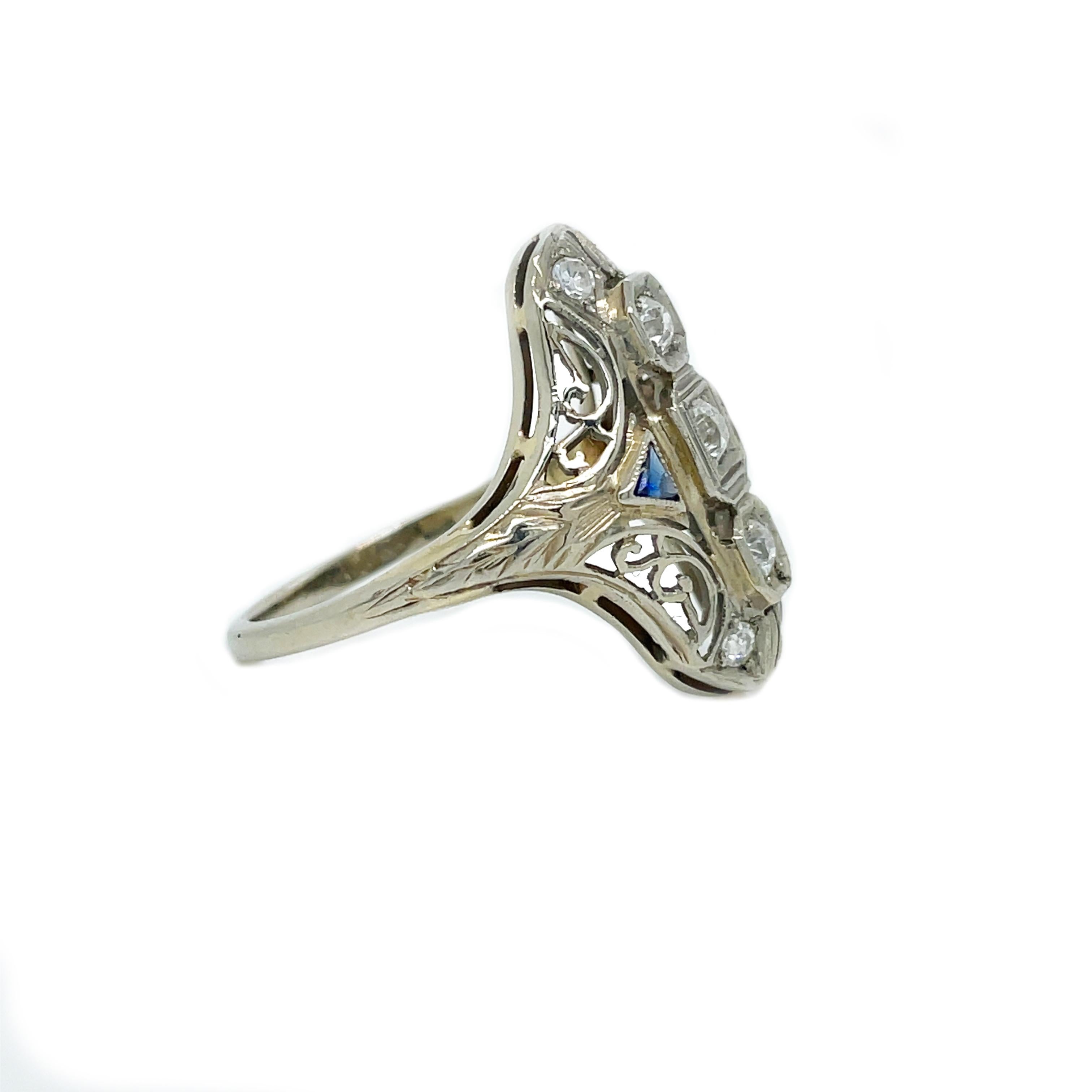 1925 Art Deco 14K Filigree Diamond and Sapphire Ring For Sale 1