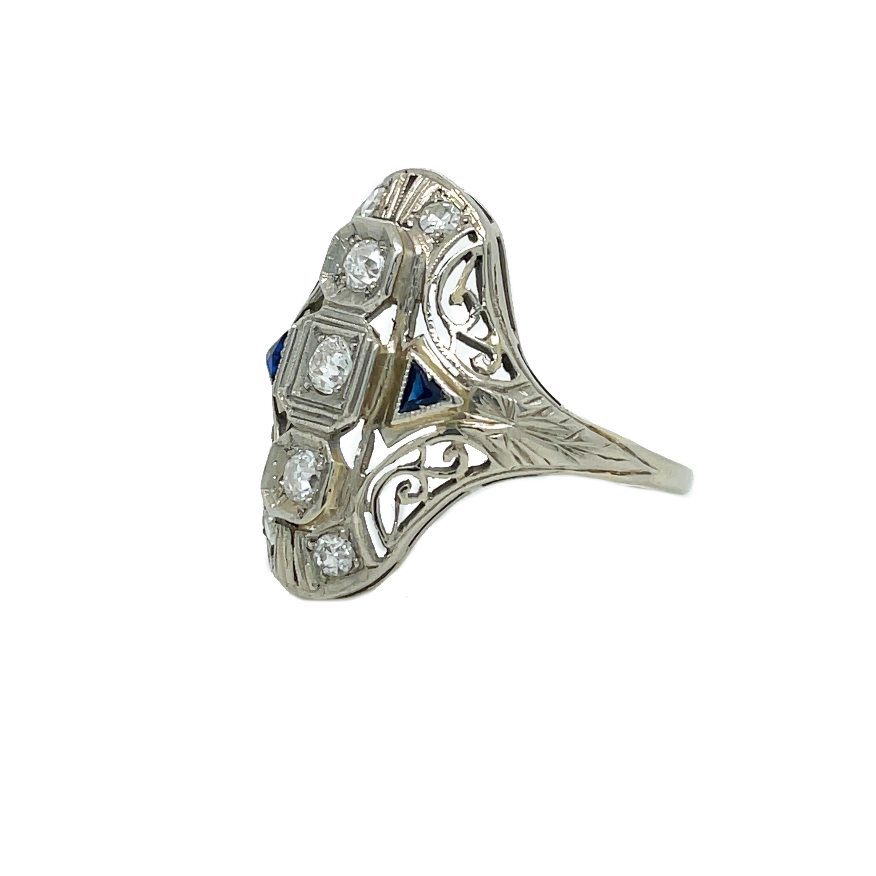 1925 Art Deco 14K Filigree Diamond and Sapphire Ring For Sale 2