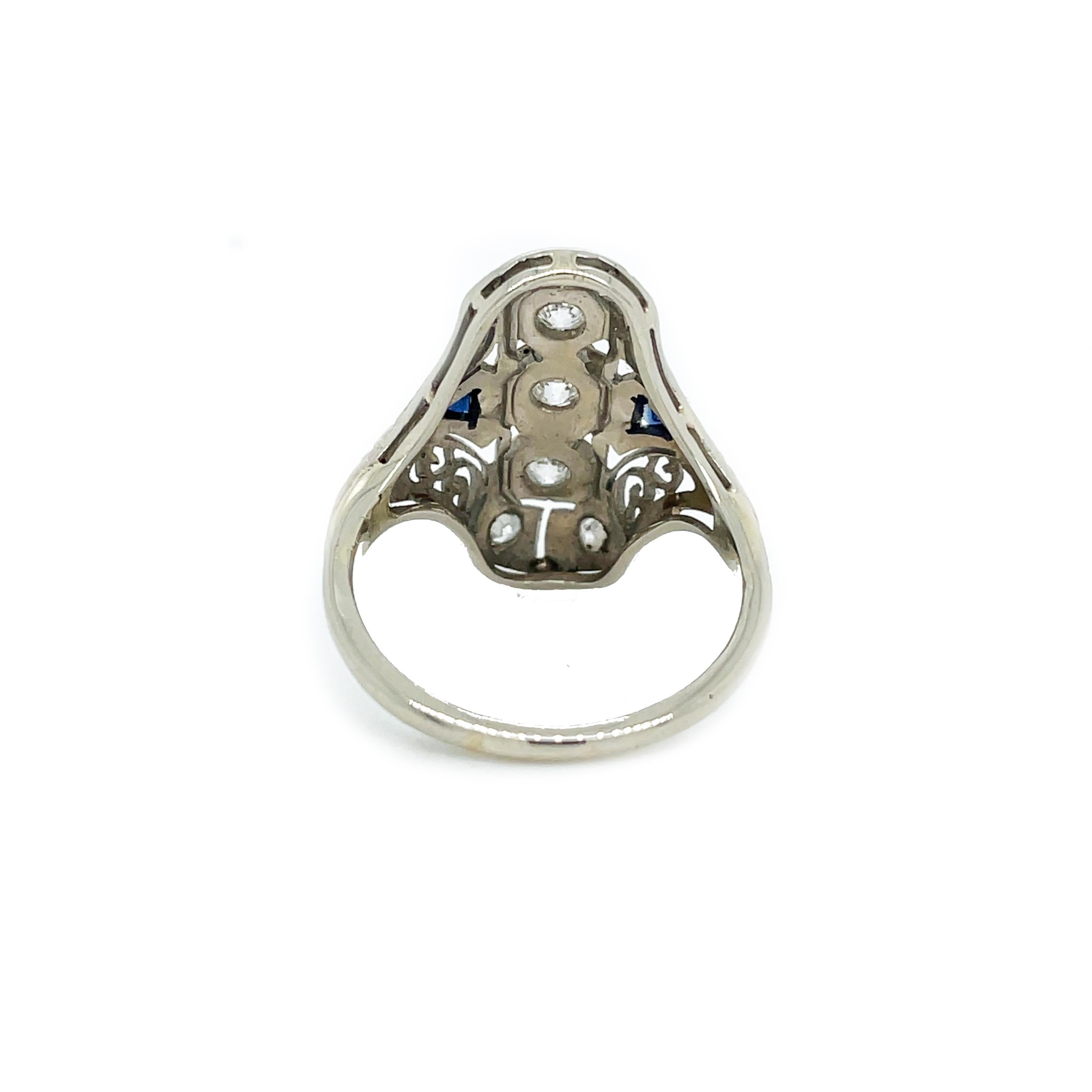 1925 Art Deco 14K Filigree Diamond and Sapphire Ring For Sale 3