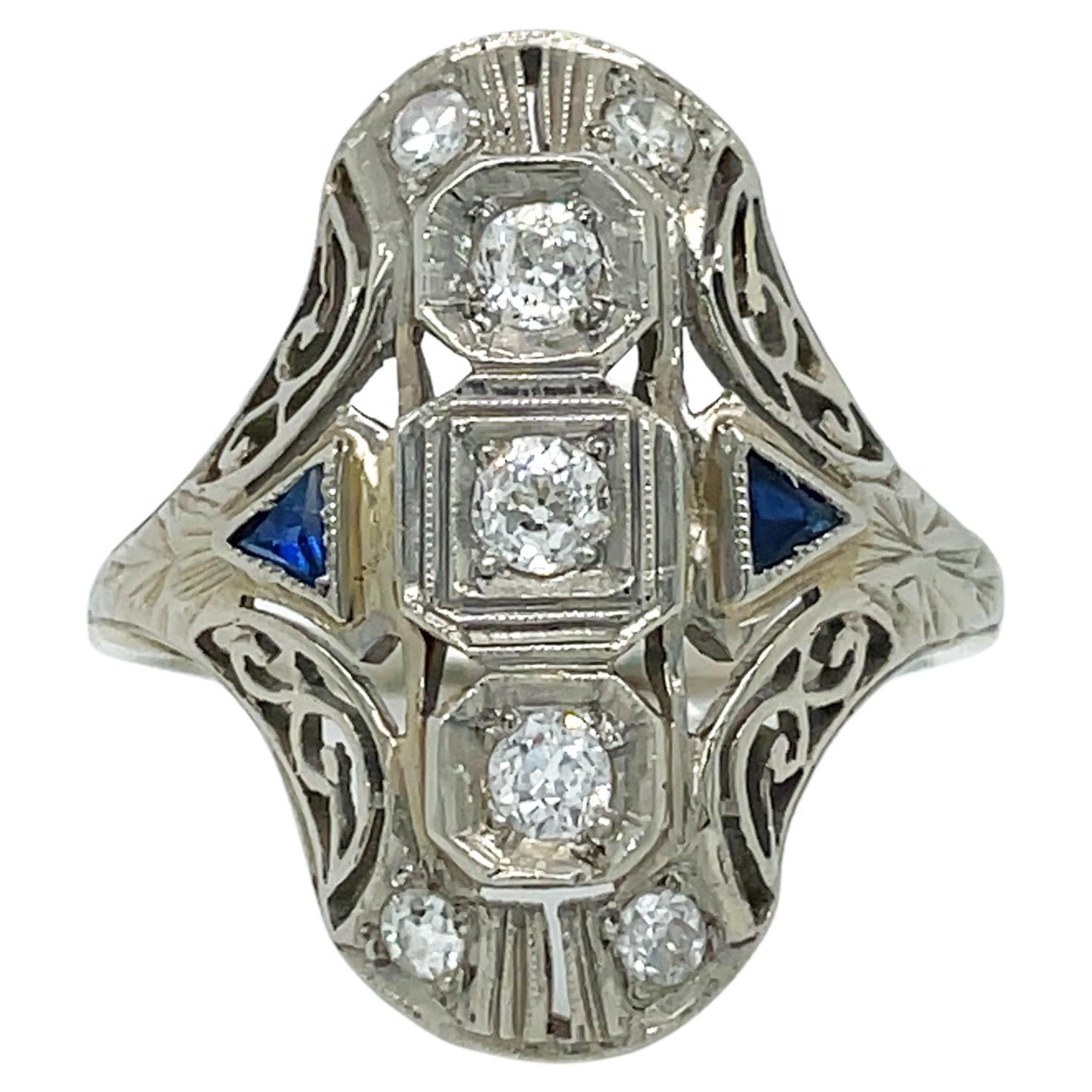 1925 Art Deco 14K Filigree Diamond and Sapphire Ring