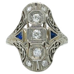 Antique 1925 Art Deco 14K Filigree Diamond and Sapphire Ring