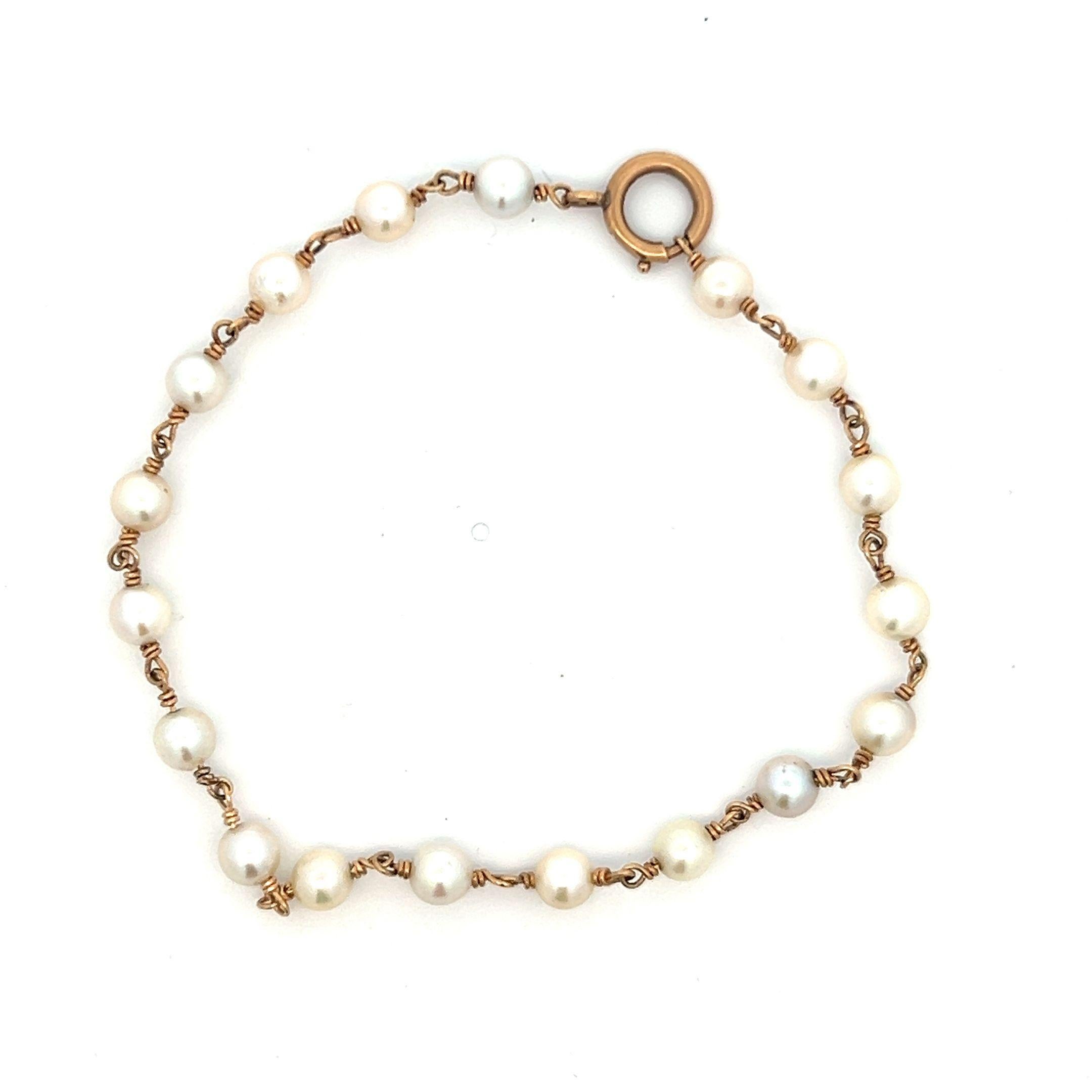Round Cut 1925 Art Deco 14k Rose Gold Pearl Bead Bracelet 8.25