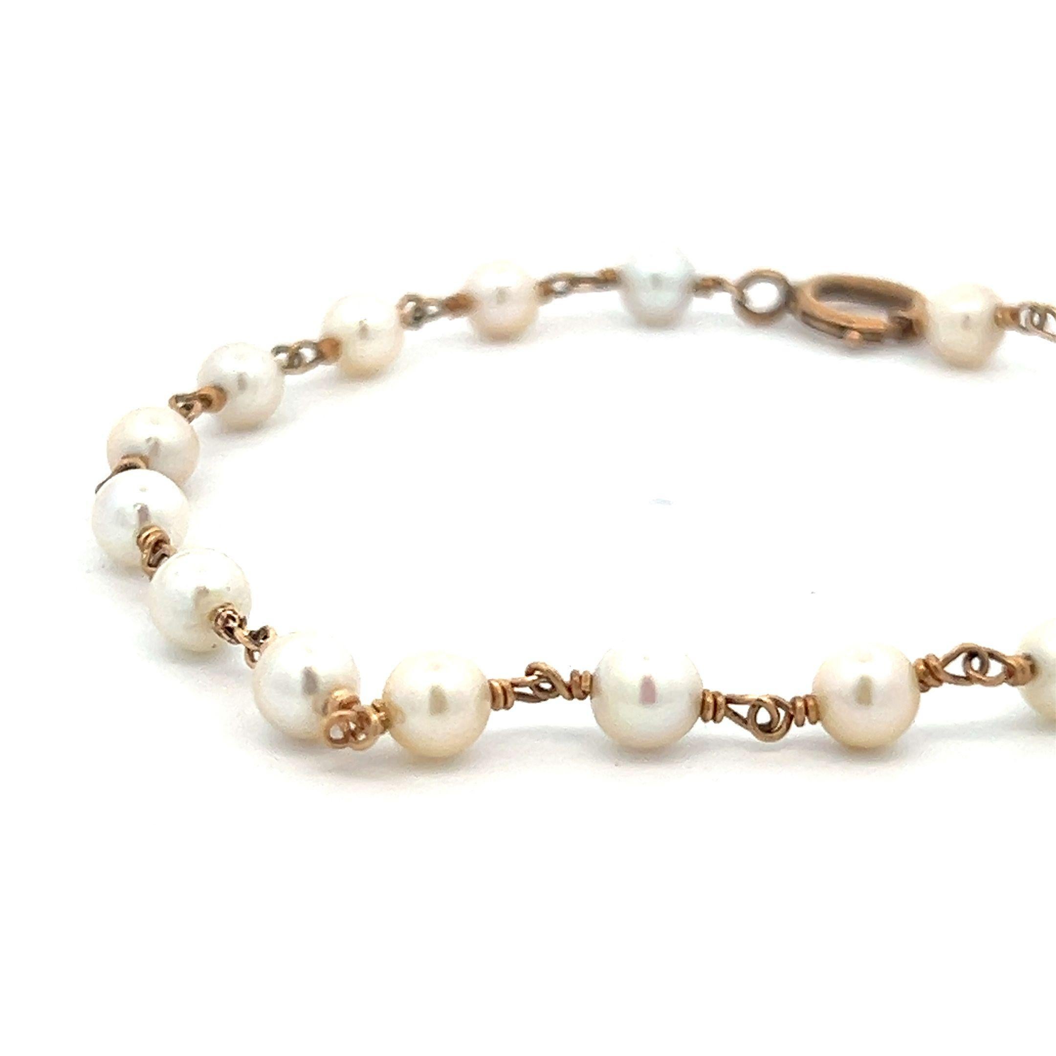 1925 Art Deco 14k Rose Gold Pearl Bead Bracelet 8.25