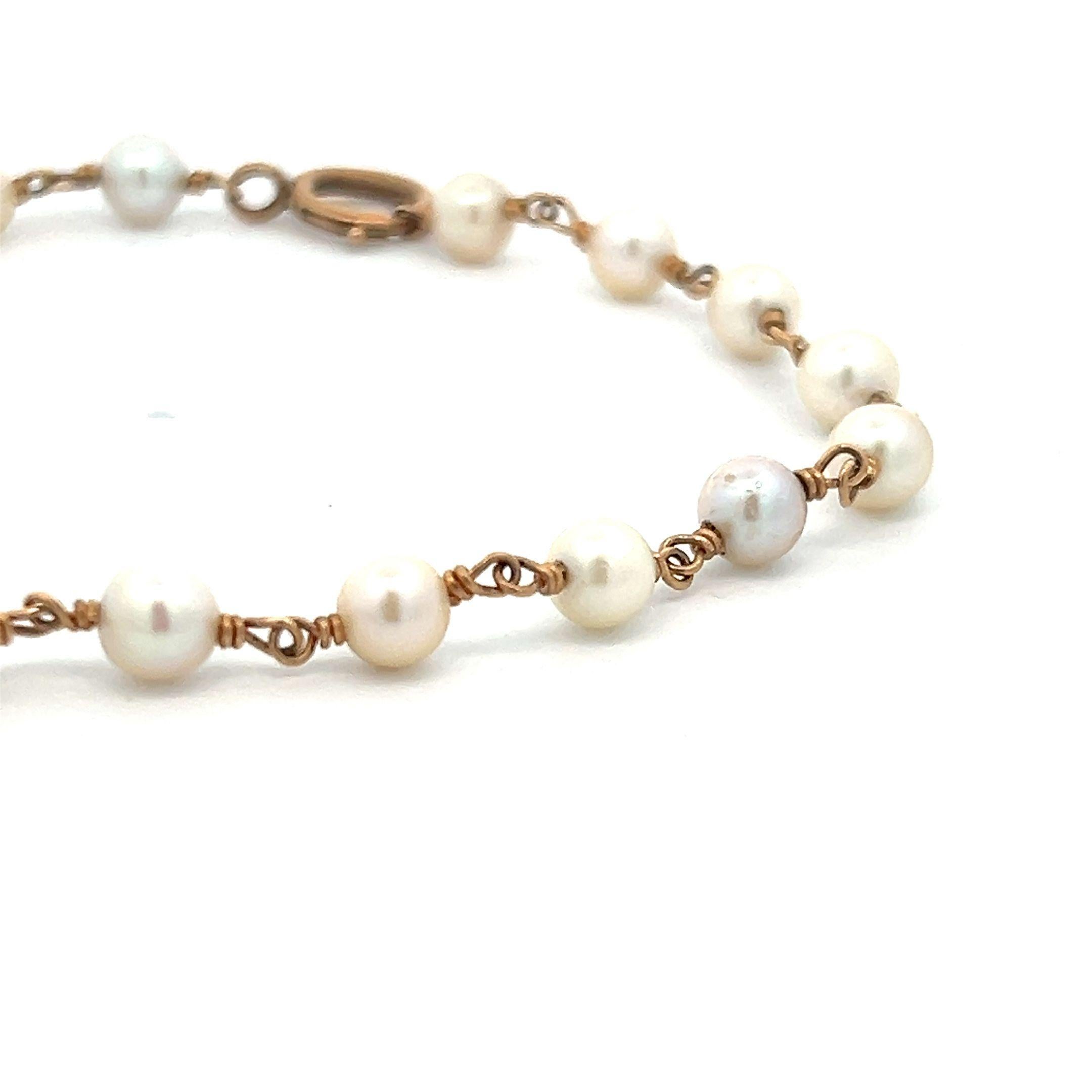 Women's 1925 Art Deco 14k Rose Gold Pearl Bead Bracelet 8.25