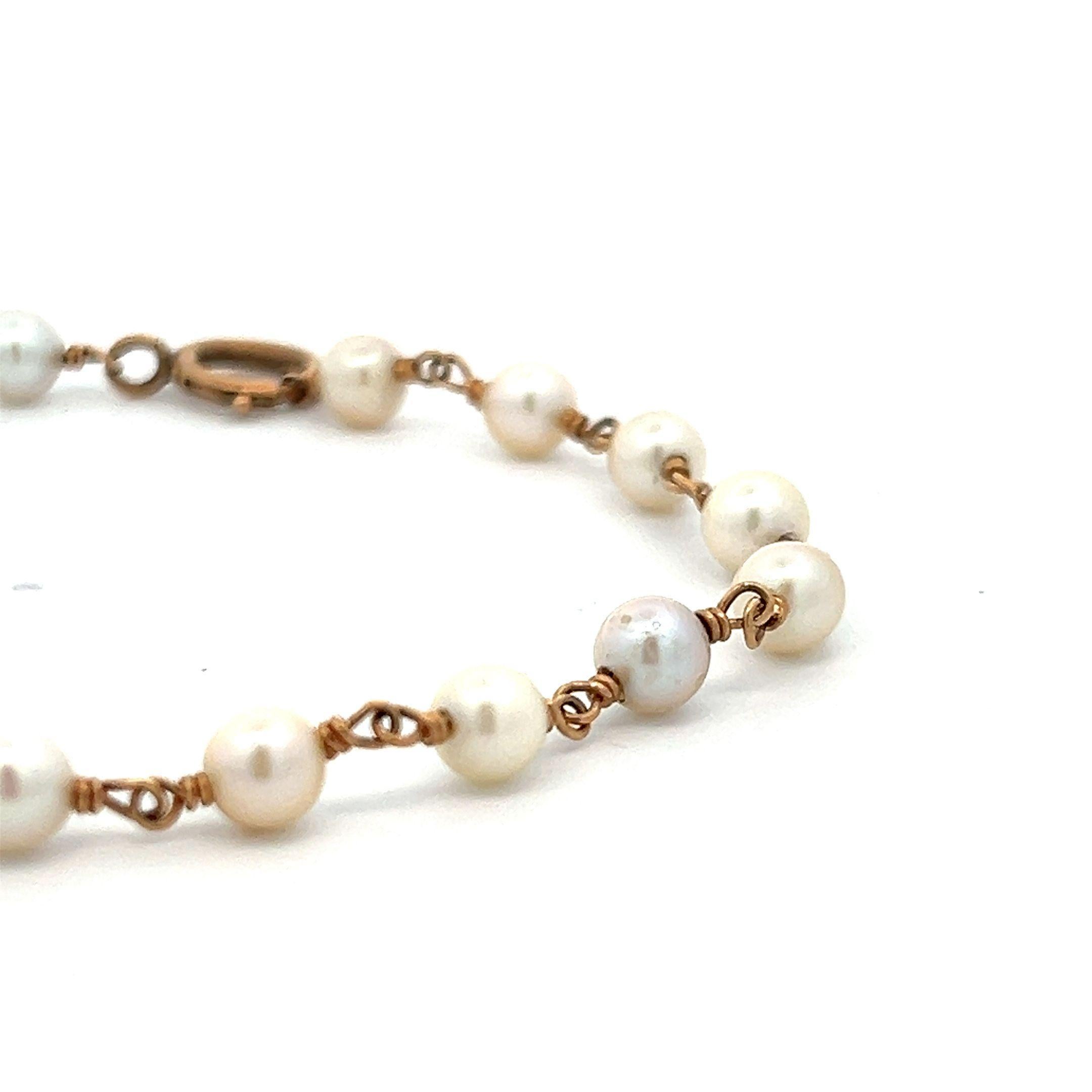 1925 Art Deco 14k Rose Gold Pearl Bead Bracelet 8.25