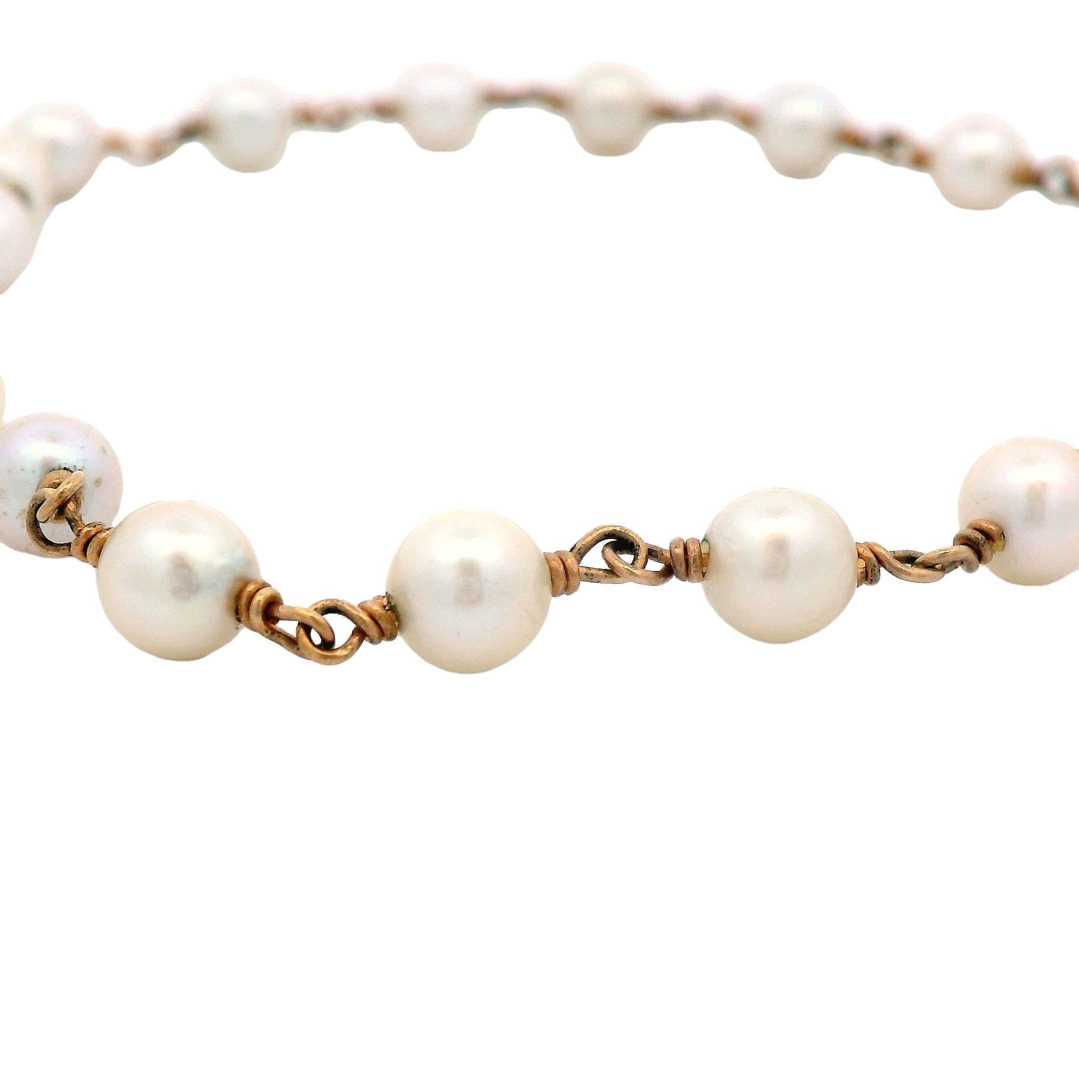 1925 Art Deco 14k Rose Gold Pearl Bead Bracelet 8.25