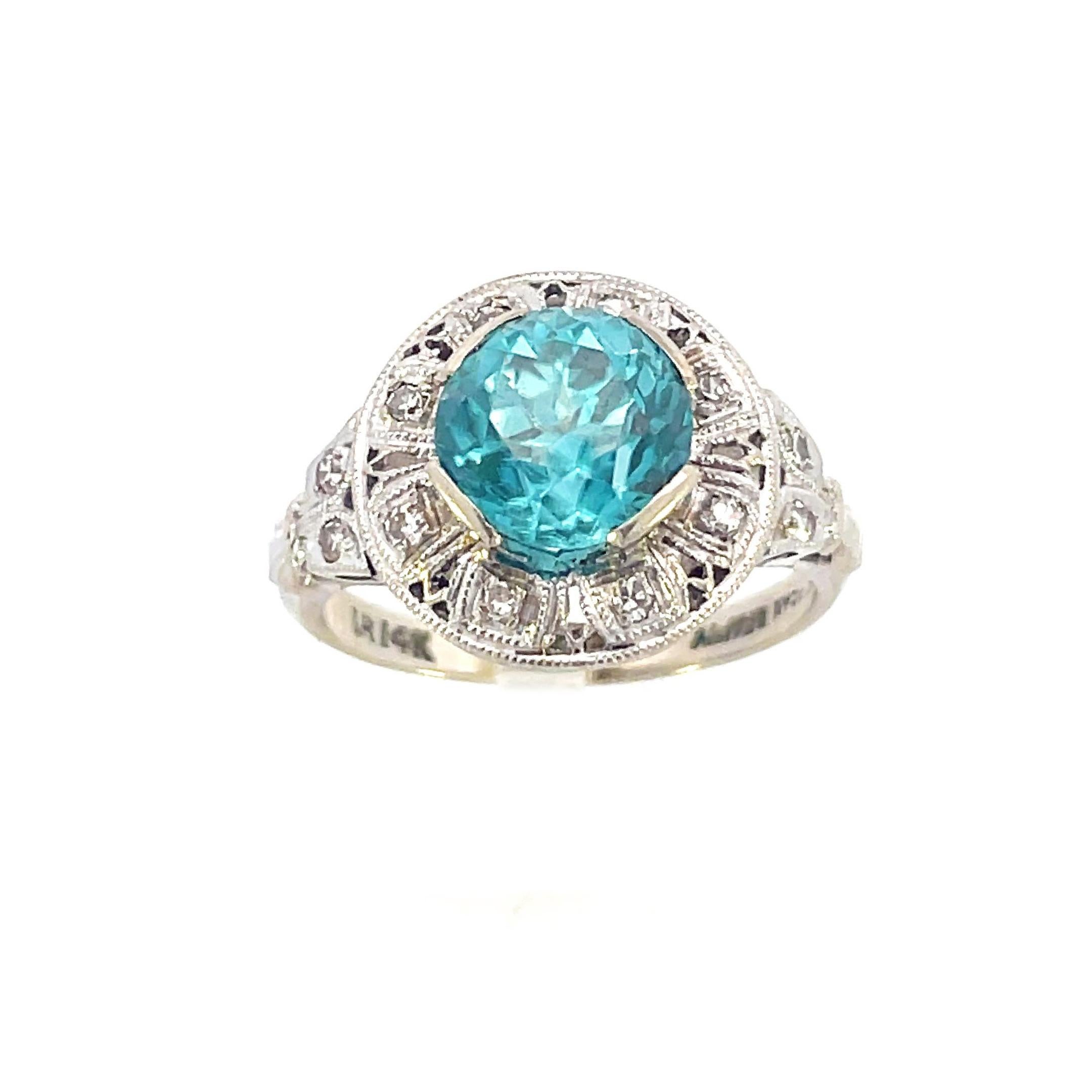 Round Cut 1925 Art Deco 14K White Gold 3 Carat Blue Zircon and Diamond Ring For Sale