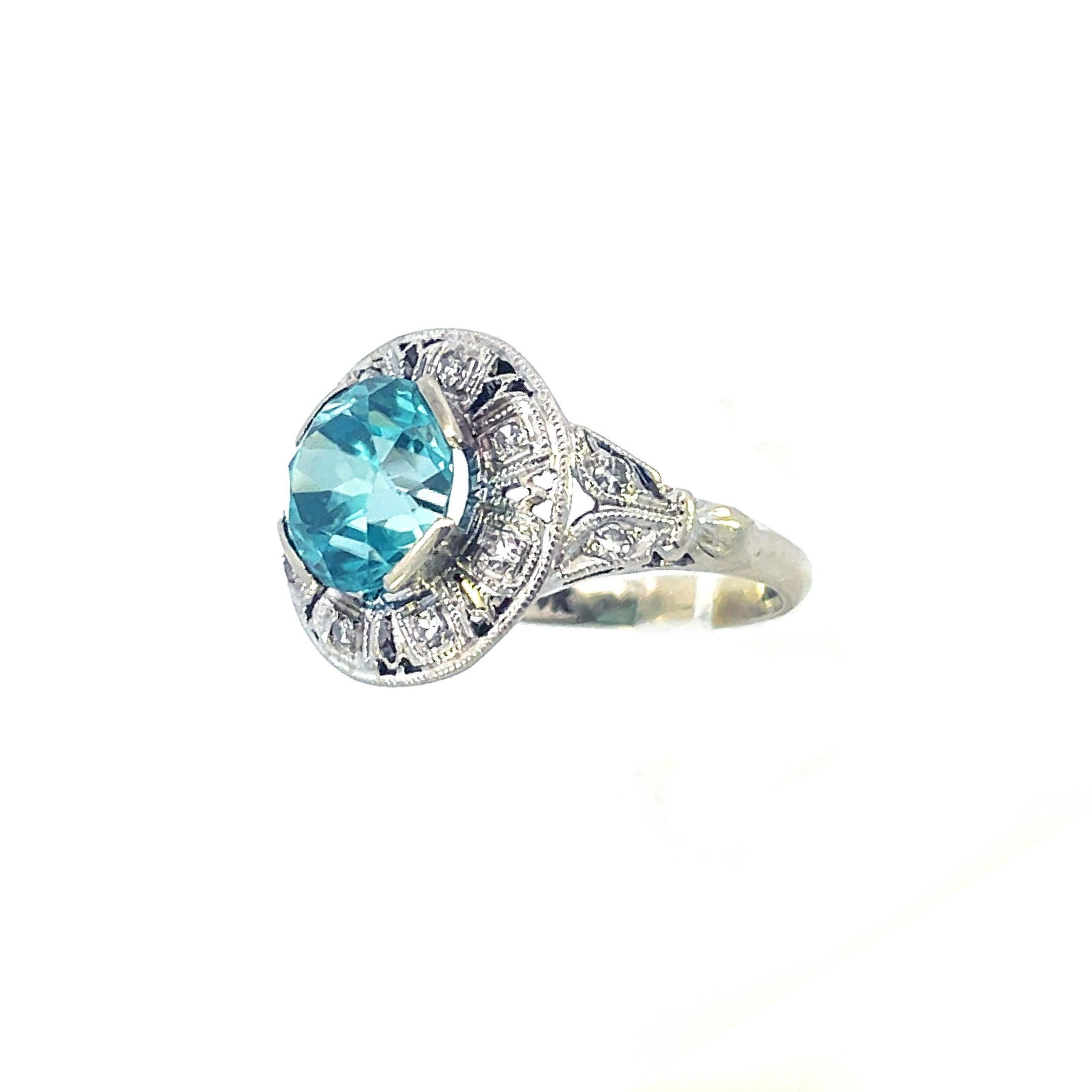 1925 Art Deco 14K White Gold 3 Carat Blue Zircon and Diamond Ring In Good Condition For Sale In Lexington, KY