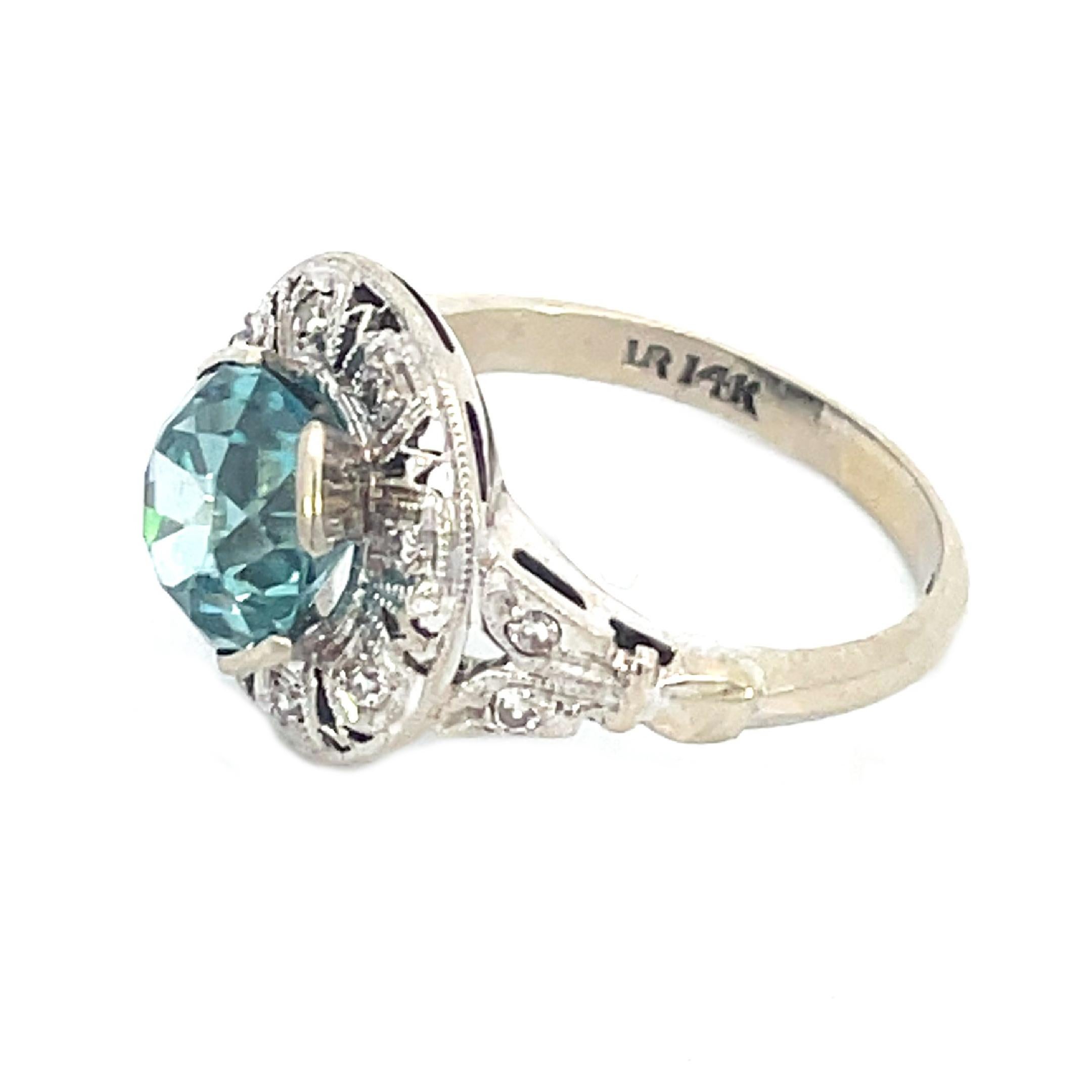 Art Deco 14K Weißgold 3 Karat Blauer Zirkon und Diamant-Ring im Angebot 2