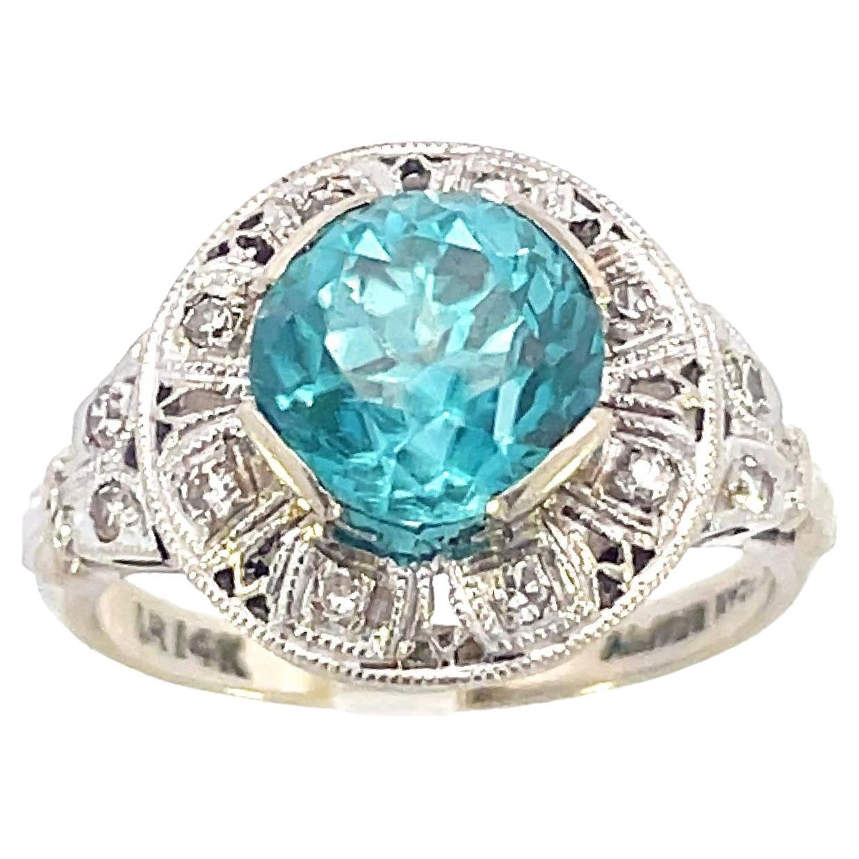 1925 Art Deco 14K White Gold 3 Carat Blue Zircon and Diamond Ring For Sale