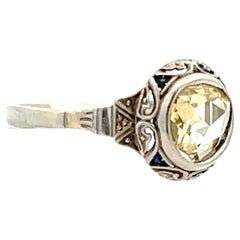 Antique 1925 Art Deco 14K White Gold Diamond and Sapphire Ring 