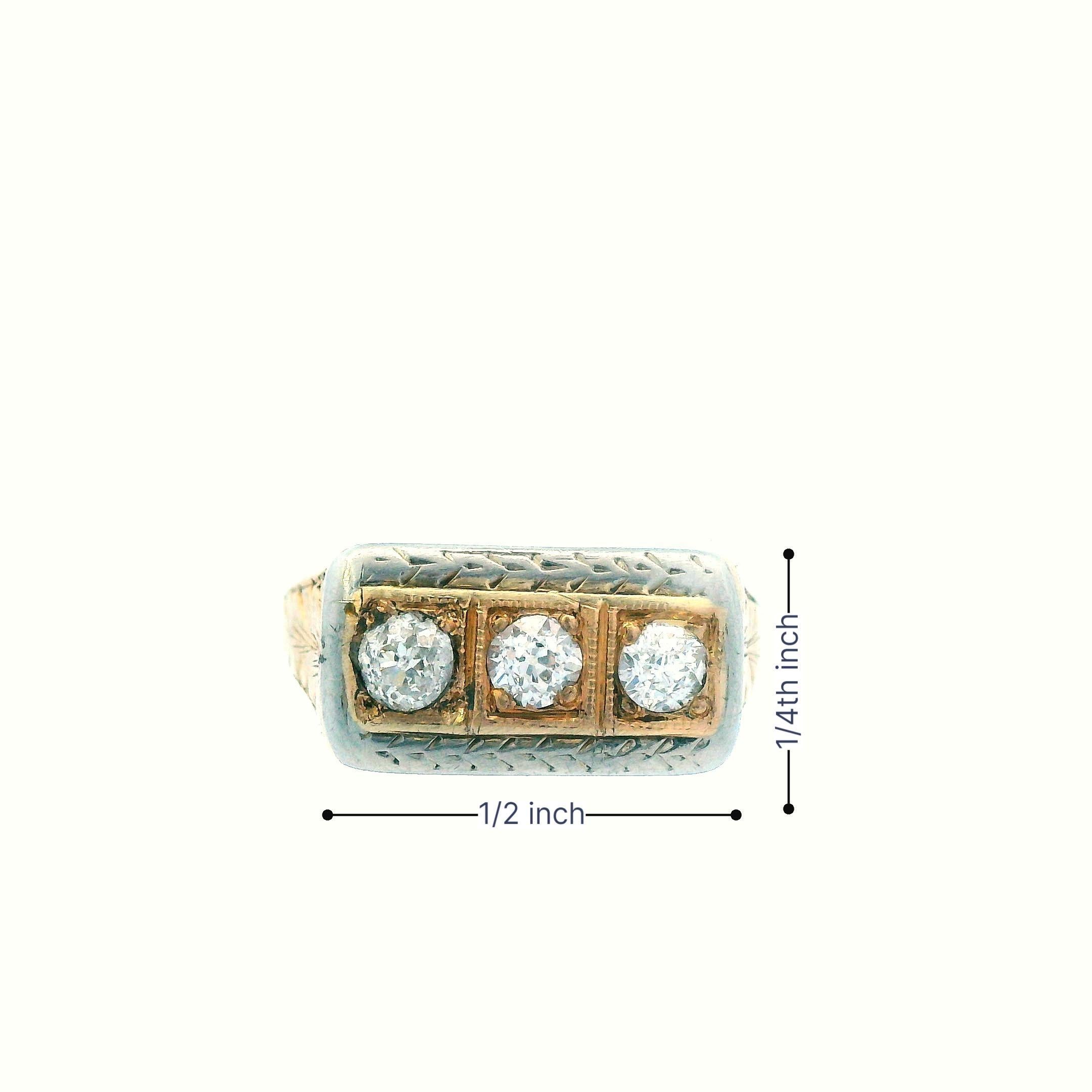 1925 Art Deco 14k Yellow and White Gold Two Tone Diamond 3 Stone Ring For Sale 5