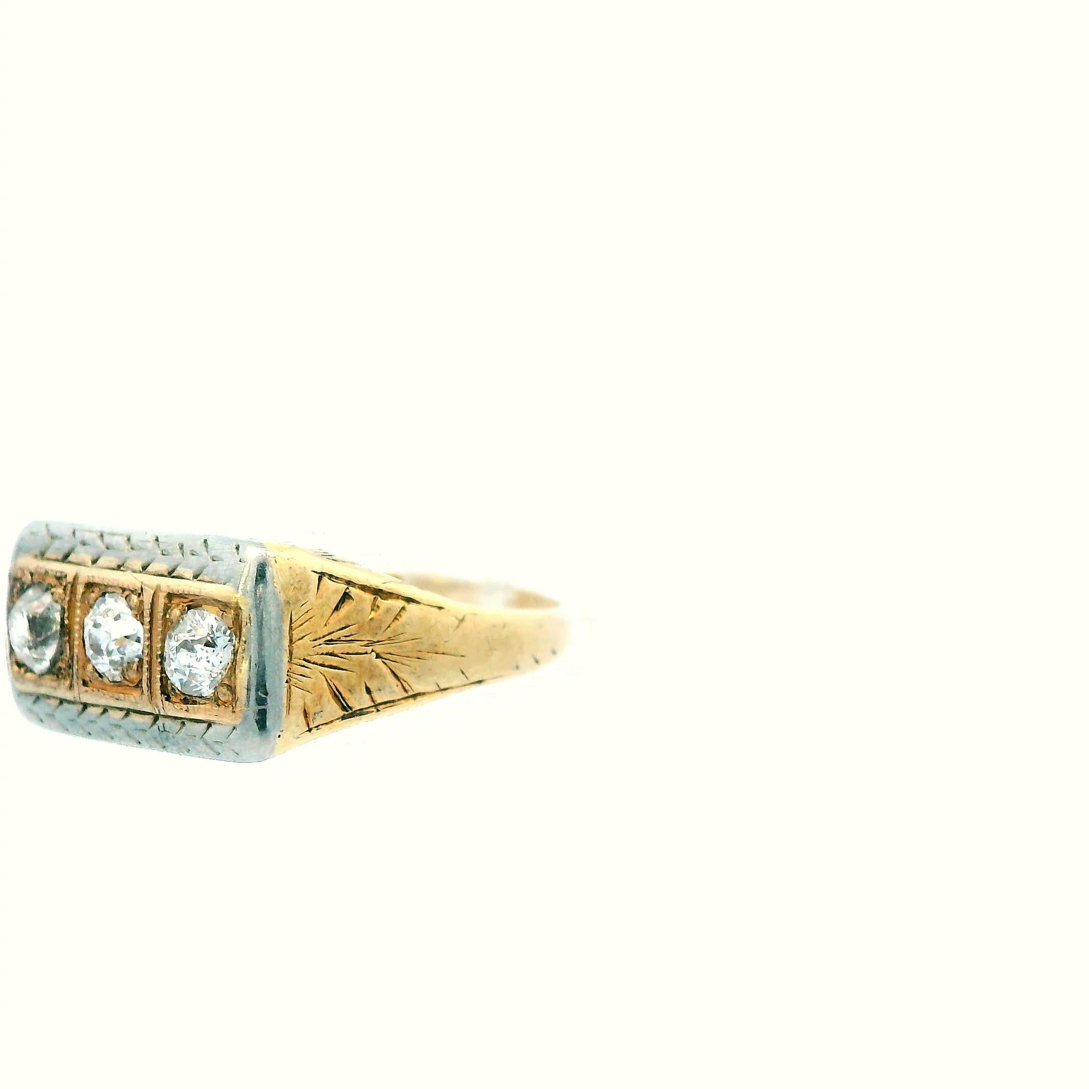 Round Cut 1925 Art Deco 14k Yellow and White Gold Two Tone Diamond 3 Stone Ring For Sale