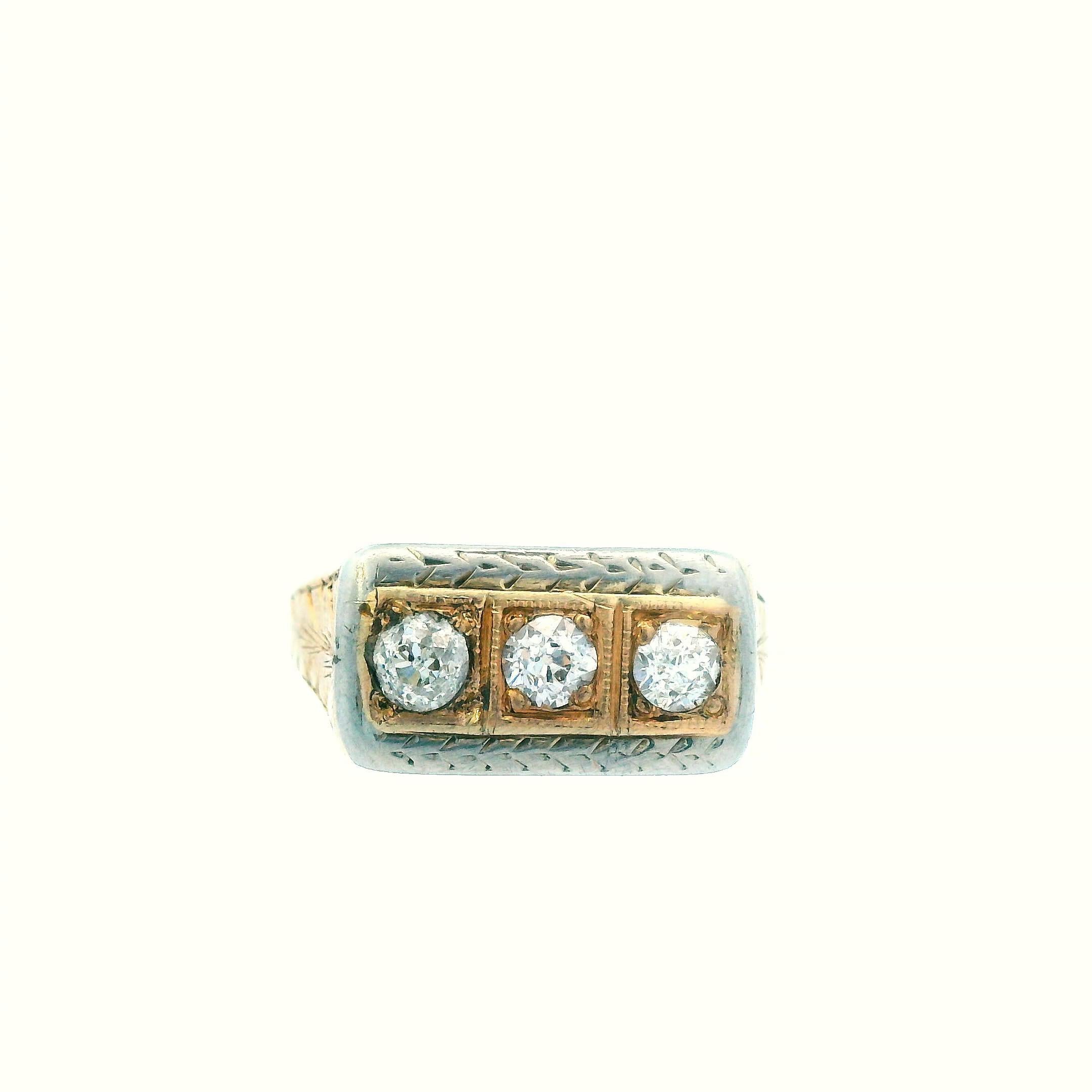 1925 Art Deco 14k Yellow and White Gold Two Tone Diamond 3 Stone Ring For Sale 1