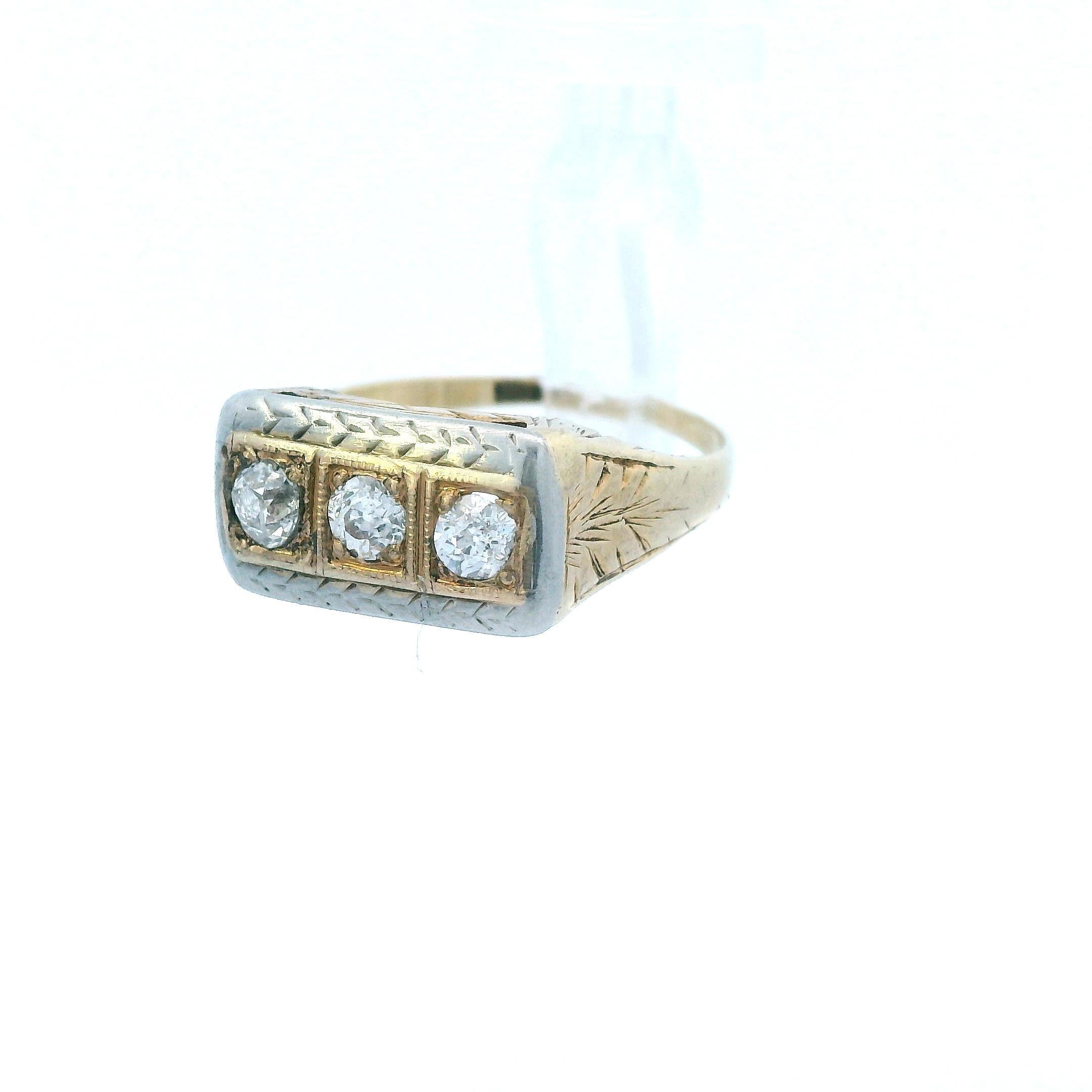 1925 Art Deco 14k Yellow and White Gold Two Tone Diamond 3 Stone Ring For Sale 2