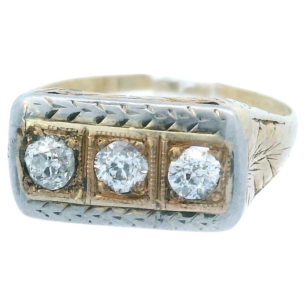 1925 Art Deco 14k Yellow and White Gold Two Tone Diamond 3 Stone Ring For Sale