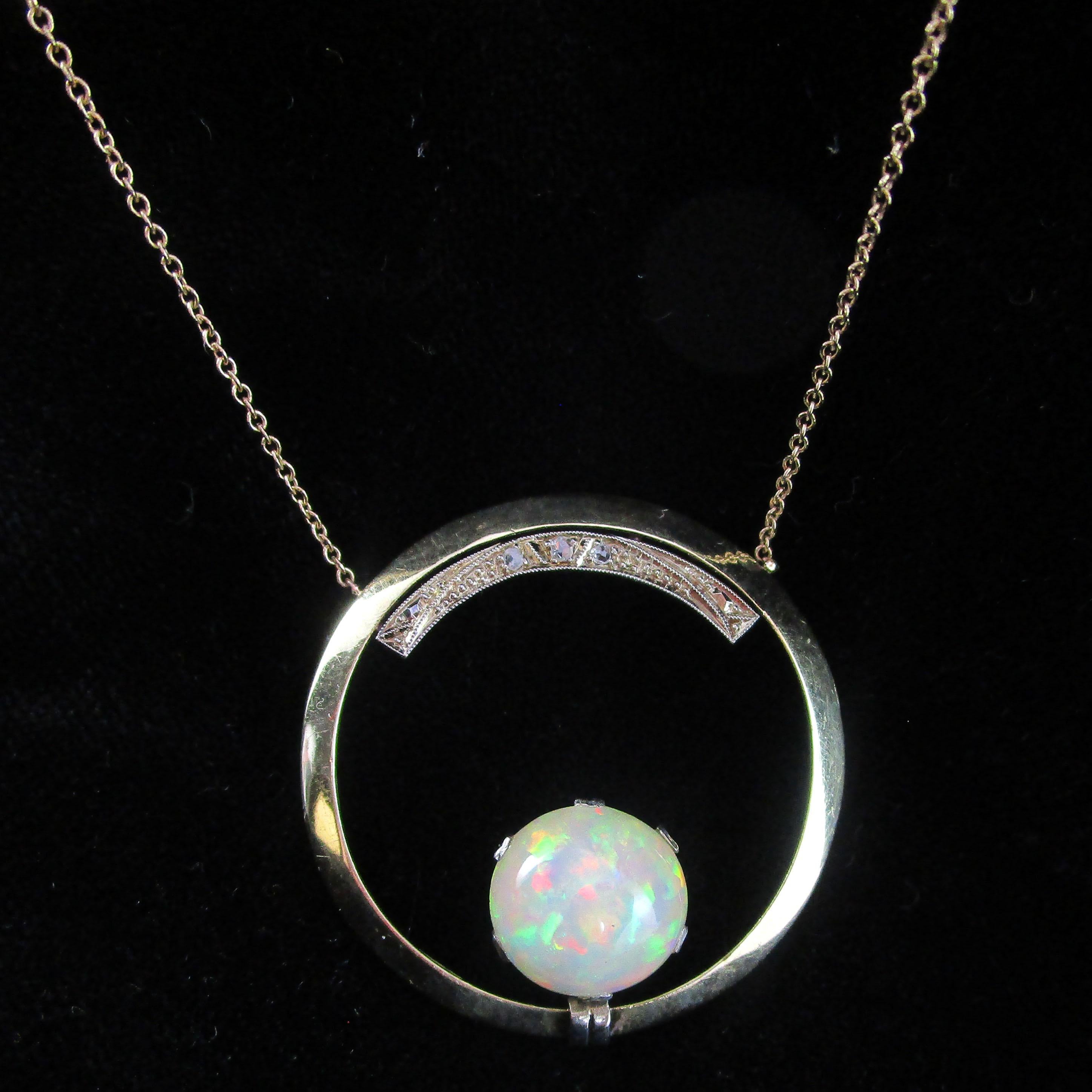 1925 Art Deco 14k Yellow Gold Diamond and Opal Circle Necklace For Sale 5